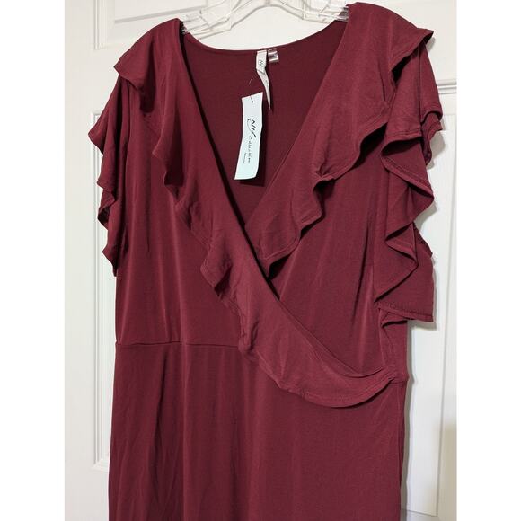 Ny Collection Burgundy Short Flutter Sleeve V-Neck Midi Dress Plus Size 1X - Picture 10 of 12